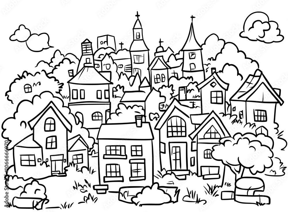 A hand drawn sketch style illustration showing a city street with a house. A building with a roof. Modern icon for village, town pattern, background. A hand drawn sketch style illustration showing a city street with a house. A building with a roof. Modern icon for village, town pattern, background.