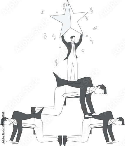 A group of businessman cooperates to make a human pyramid to reach the star in the sky, to Achieve Success