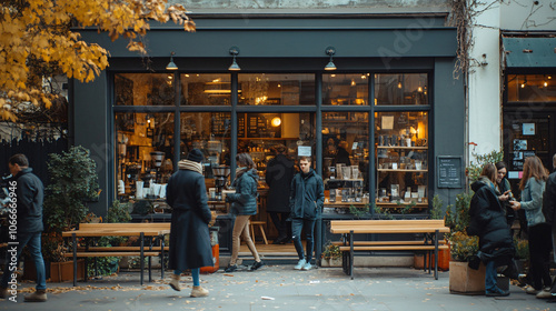 Urban Coffee Shop Exterior During Morning Rush Hour