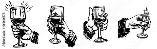 In hand is a glass of wine. Vintage modern illustration.