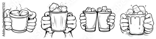 A woman holds a hot winter drink cup from top view. Coffee, tea, chocolate concept. Hand drawn sketch style. Drink christmas mug. Modern illustration.