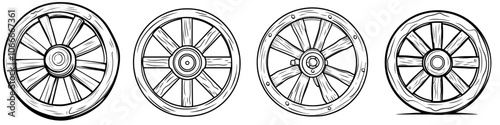 Illustration of old wagon wheel in comic doodle style. Wood wheel for cowboy, western concept icon.