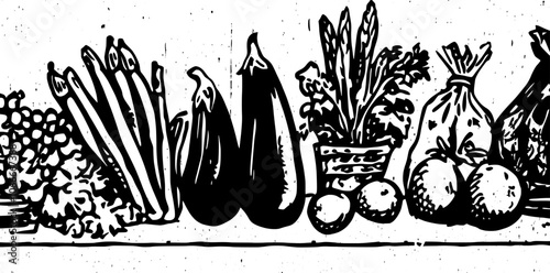 Vintage tin signs and old metal signboards with farm vegetables and beans. Fresh tomato, zucchini, potato, eggplant, peas, asparagus, green pea and asparagus.