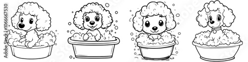 This cute puppy dog poodle is washing of bath in a grooming salon. Dog with soap bubble. Iconic design. Modern illustration.