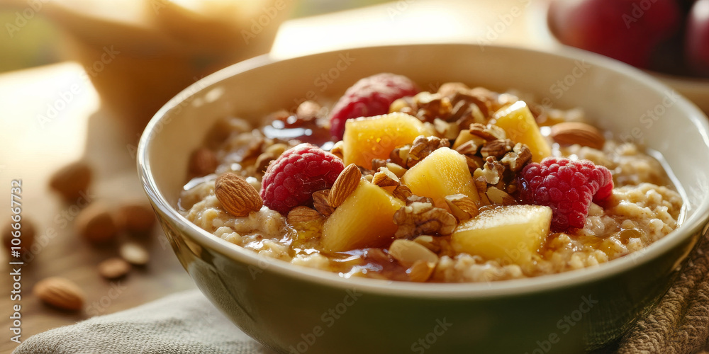 A warm bowl of oatmeal topped with fresh fruits, nuts, and honey, creating a cozy breakfast vibe A warm bowl of oatmeal topped with fresh fruits, nuts, and honey, creating a cozy breakfast vibe