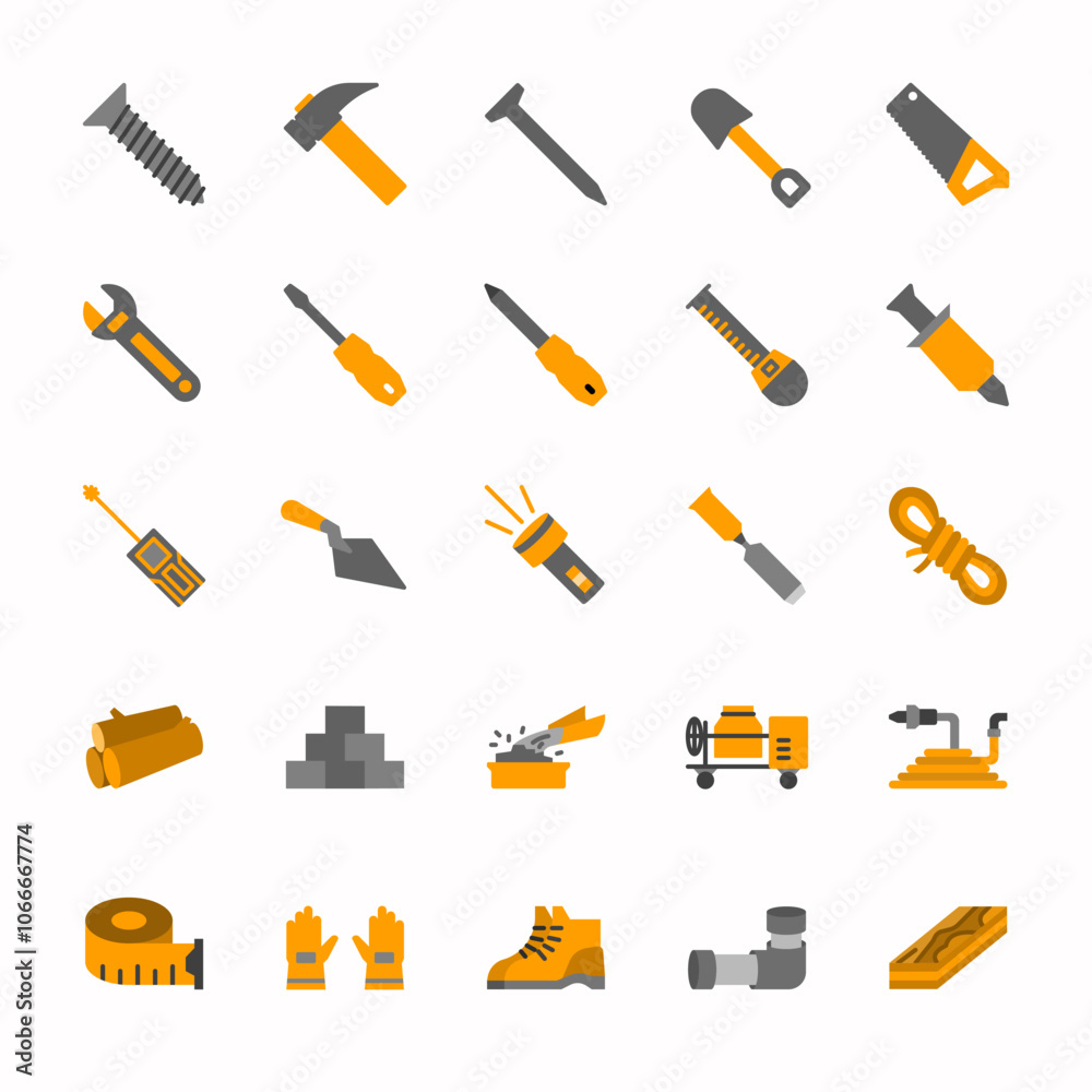 This bold, dynamic set of flat icons showcases industrial tools in striking orange and gray tones, perfect for projects focused on labor, manufacturing, or tool-based industries. This bold, dynamic set of flat icons showcases industrial tools in striking orange and gray tones, perfect for projects focused on labor, manufacturing, or tool-based industries.