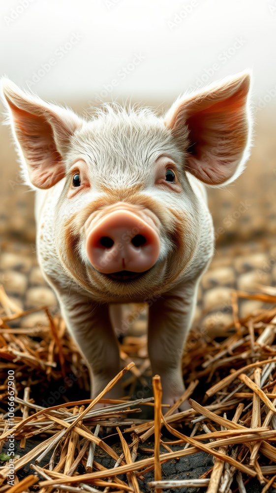 A pink pig stands in a pile of straw, looking directly at the camera with a happy expression A pink pig stands in a pile of straw, looking directly at the camera with a happy expression