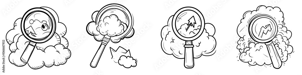 Modern illustration of doodle data server cloud with magnifying glass. Hand drawn sketch style cloud with arrow pointing to an internet database, digital storage, and download technology concept. Modern illustration of doodle data server cloud with magnifying glass. Hand drawn sketch style cloud with arrow pointing to an internet database, digital storage, and download technology concept.
