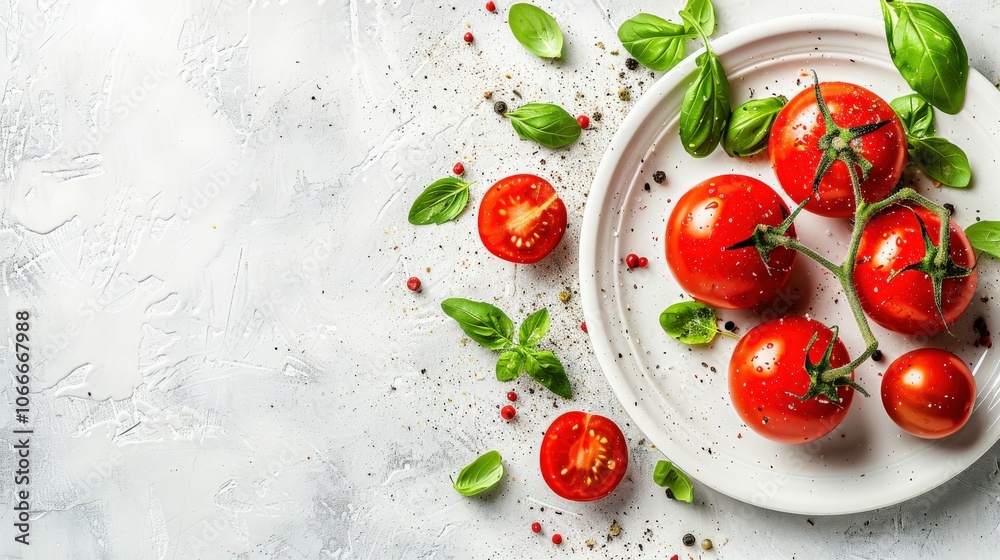 Flat lay fresh tomatoes basil leaves arranged on white plate with seasoning scattered across light background, vibrant red tomatoes green basil leaves offer clean, healthy, simple food concept. Flat lay fresh tomatoes basil leaves arranged on white plate with seasoning scattered across light background, vibrant red tomatoes green basil leaves offer clean, healthy, simple food concept.