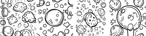 A water drop isolated modern illustration with a soap bubble seamless pattern. A line sketch style bubble sparkle background. Hand drawn water drop isolated on a white background.
