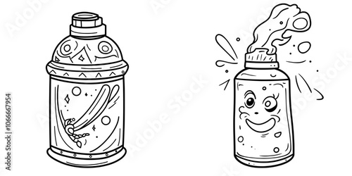 The painting spray bottle is hand drawn in a doodle sketch style. Simple graffiti aerosol icon. Isolated modern illustration with drawing line background.