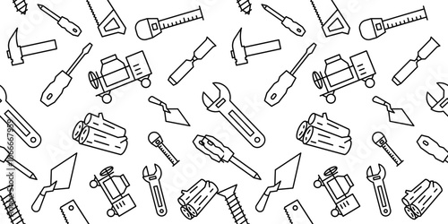 A seamless pattern featuring various construction tools. The minimalist line-art design creates a clean and aesthetic. Ideal as a background for projects related to construction or home improvement