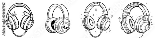 An isolated modern illustration of an isolated headphone in a doodle sketch style. Drawing line simple earphone icon.