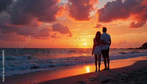 A romantic evening stroll along the beach as sunset colors the sky with love's warm embrace photo