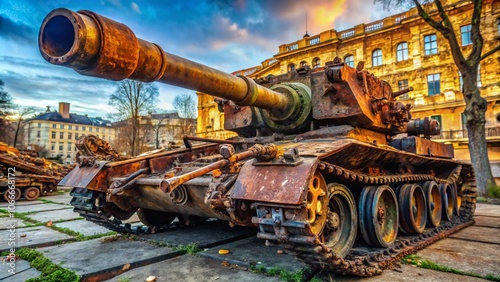 Macro of a destroyed Russian howitzer, Kyiv, 2023. War damage to a self-propelled gun. photo