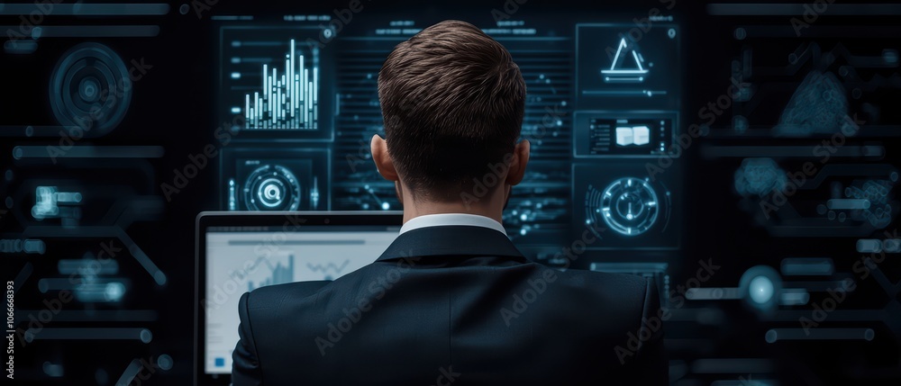 A business professional analyzing data on multiple screens in a modern office environment. A business professional analyzing data on multiple screens in a modern office environment.