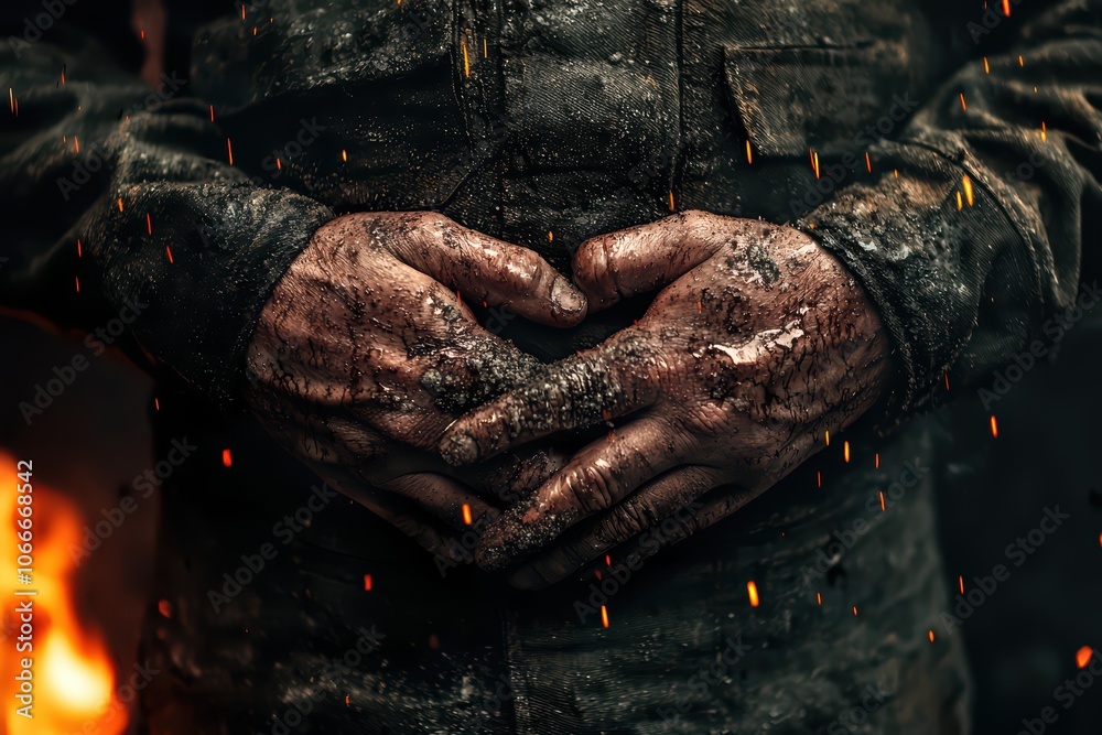 A close-up of dirty hands clasped together against a dramatic, fiery backdrop, symbolizing hardship and resilience. A close-up of dirty hands clasped together against a dramatic, fiery backdrop, symbolizing hardship and resilience.
