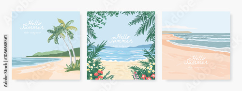 Set of vector square landscape background. Beautiful illustration of sandy summer beach. Summer holidays card, poster or banner design template