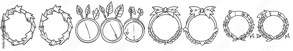 Set of 4 arrow circle American pattern frames with rustic arrow border and ornament circles. Boho tribal decor design. Modern illustrations.