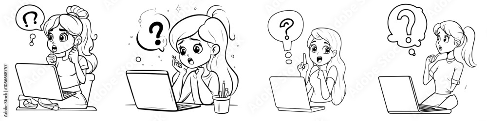 Woman thinking about work, worried. Doodle outline character woman with laptop, office thinking, solution concept. Isolated modern illustration. Woman thinking about work, worried. Doodle outline character woman with laptop, office thinking, solution concept. Isolated modern illustration.