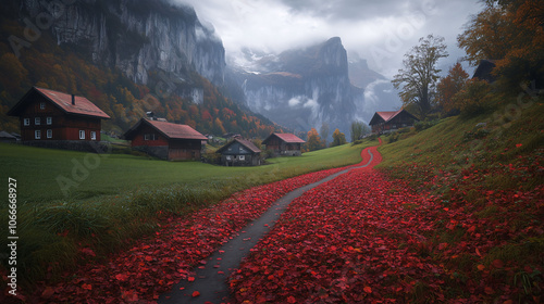 Picturesque Village Path with Autumn Foliage and Mountains photo