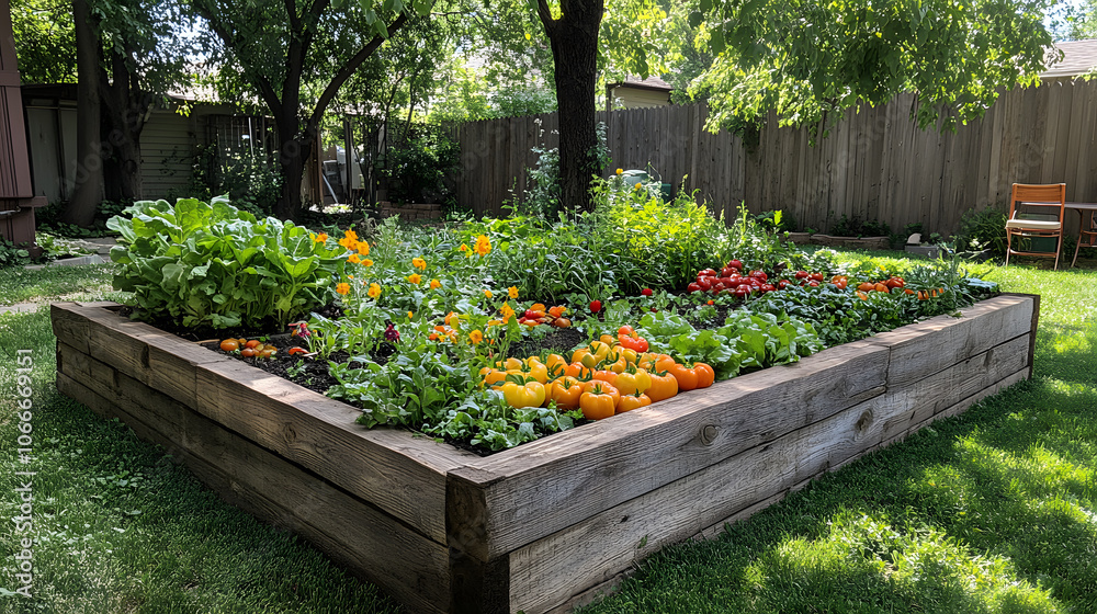 A raised garden bed filled with an assortment of vegetables, including tomatoes, lettuce, and peppers, in a sunny backyard. A raised garden bed filled with an assortment of vegetables, including tomatoes, lettuce, and peppers, in a sunny backyard.
