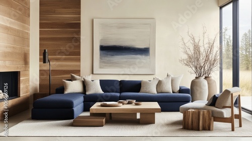 Modern living room with a navy blue sectional sofa, wooden coffee table, and a large abstract painting