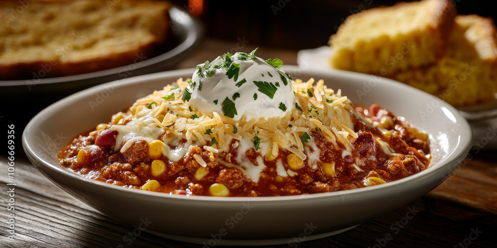 A hearty bowl of chili topped with cheese and sour cream, served alongside cornbread on a rustic wooden table A hearty bowl of chili topped with cheese and sour cream, served alongside cornbread on a rustic wooden table
