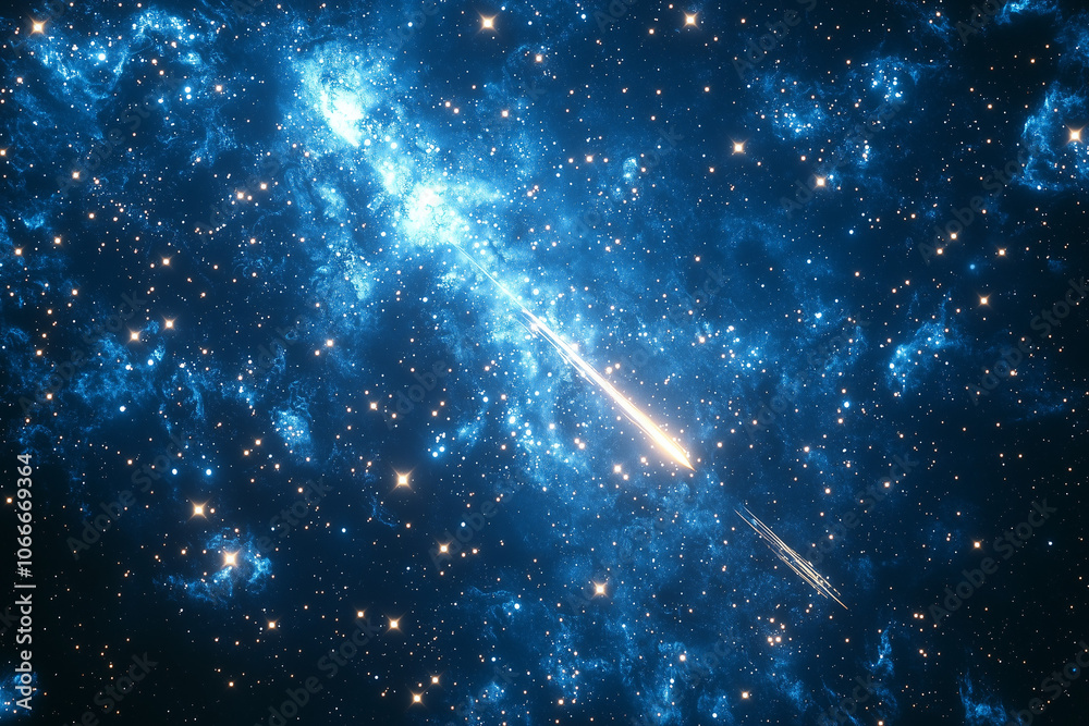 ethereal view of a comet streaking through a star-studded blue nebula lighting up the cosmos ethereal view of a comet streaking through a star-studded blue nebula lighting up the cosmos