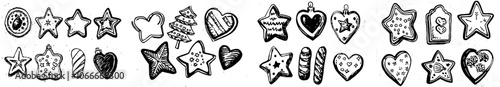 Isolated on white, the illustration shows a collection of popular cookies in hand drawn sketch style. Cookies with almond, chocolate, icing, jam. Italian cookies, crackers, chips.