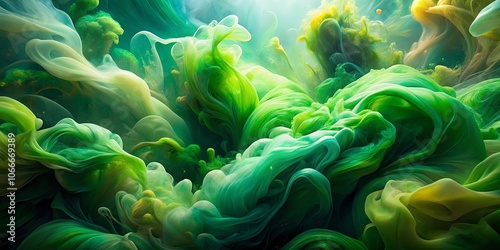 Abstract Swirling Green and Yellow Ink Forms in Water, Creating a Dynamic and Textural Composition