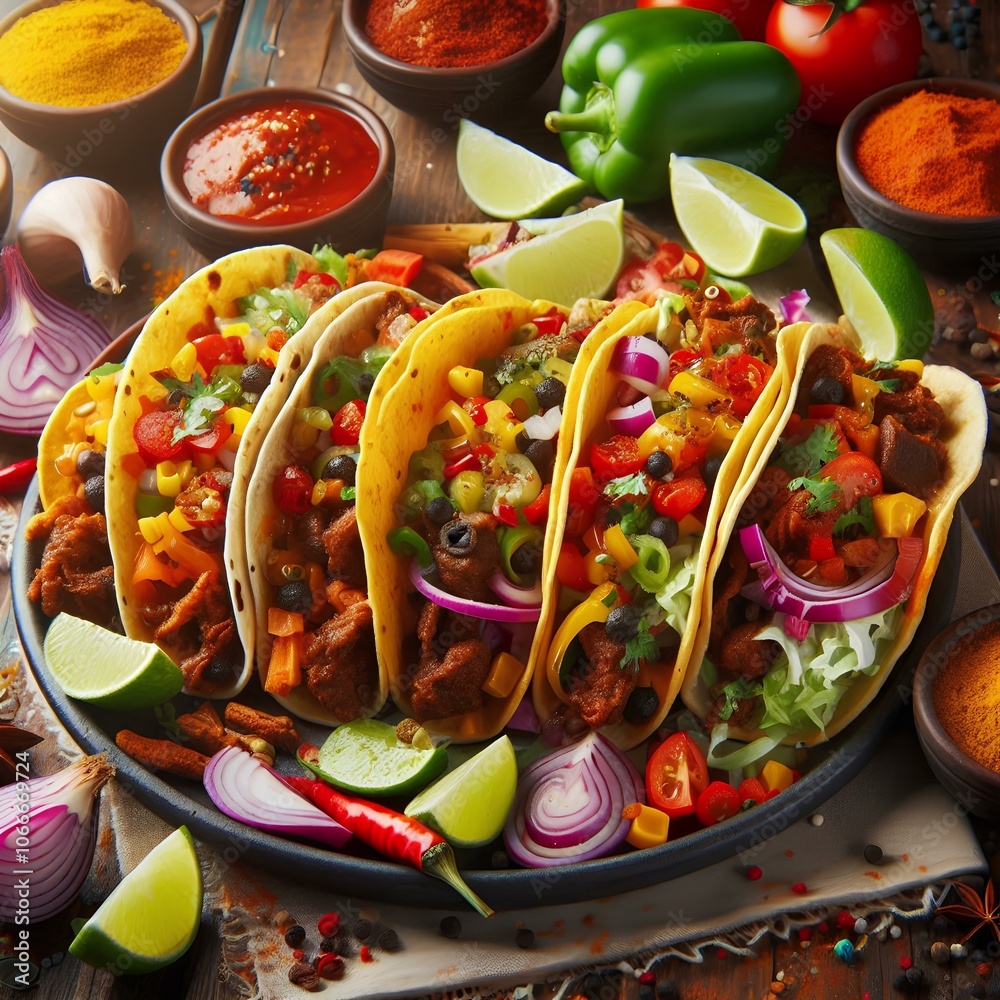 Colorful Mexican tacos filled with tender meat, spices, and sauces. Colorful Mexican tacos filled with tender meat, spices, and sauces.
