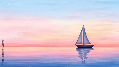 A serene sailing boat on calm waters at sunset with vibrant hues in the sky.