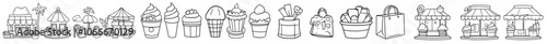 Doodle set of small, medium business icons. Local partnership, economic strategy, franchise concept. Modern illustration.