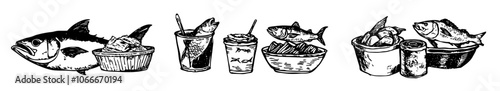 Sketch with sea tuna set. Outline yummy healthy fish fillet and canned food for menus and markets. Retro seafood and organic product. Hand drawn modern collection isolated on white.