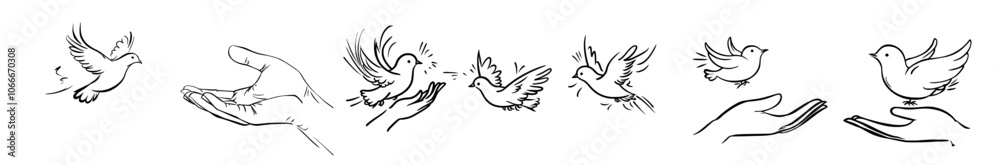 Continually drawn flying dove with two hands. It is a symbol of peace and freedom. Doodle modern illustration for an icon of the labor movement. Continually drawn flying dove with two hands. It is a symbol of peace and freedom. Doodle modern illustration for an icon of the labor movement.