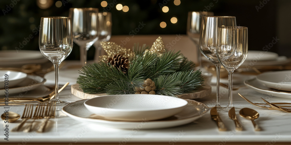 A beautifully set Christmas dinner table with golden cutlery, sparkling glasses, and a centerpiece of pine A beautifully set Christmas dinner table with golden cutlery, sparkling glasses, and a centerpiece of pine