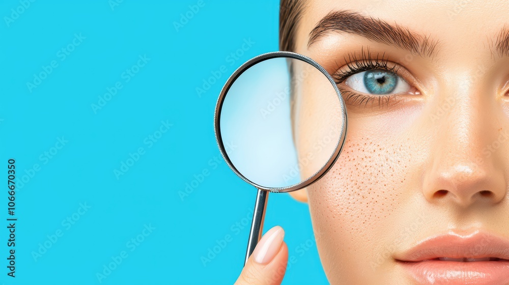 Woman examining skin with magnifying glass against a blue background. Woman examining skin with magnifying glass against a blue background.