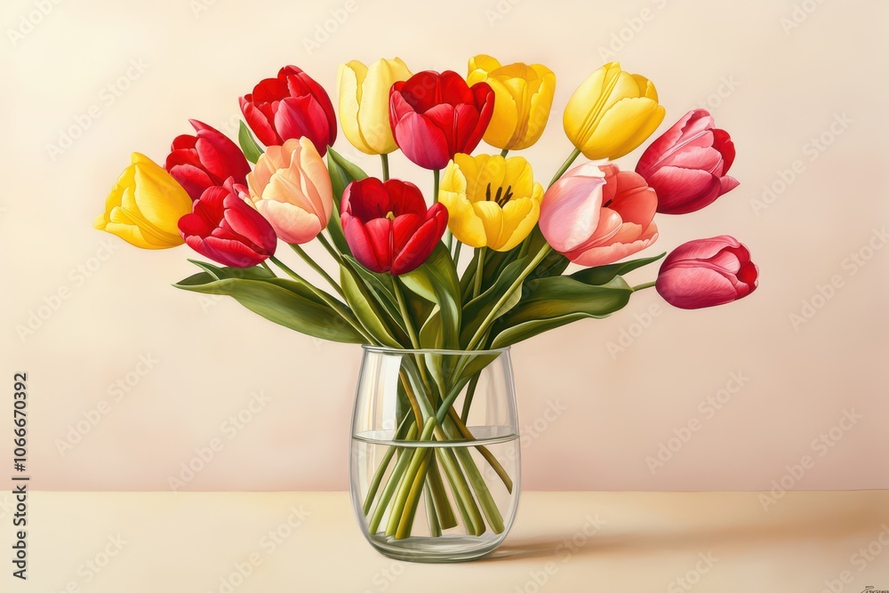 A vibrant arrangement of colorful tulips in a clear glass vase against a soft background. A vibrant arrangement of colorful tulips in a clear glass vase against a soft background.