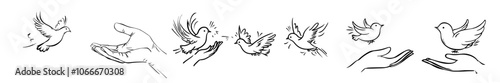 Continually drawn flying dove with two hands. It is a symbol of peace and freedom. Doodle modern illustration for an icon of the labor movement.