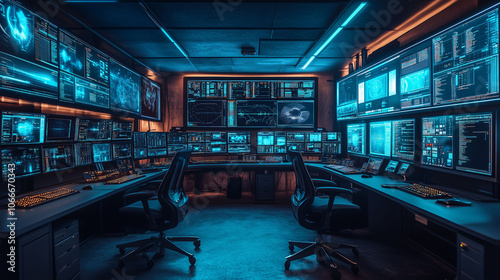 High-Tech Control Room with Multiple Monitors photo