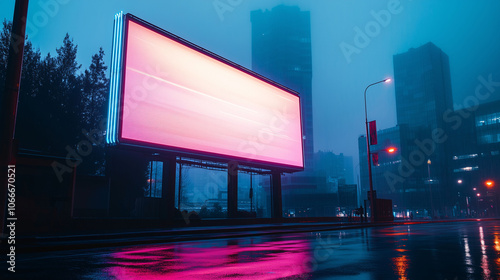 Foggy Night Scene with Illuminated Blank Billboard