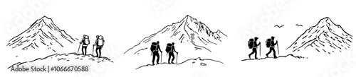 Walking hike trekking two people walking hike far behind lifestyle line art design back rear