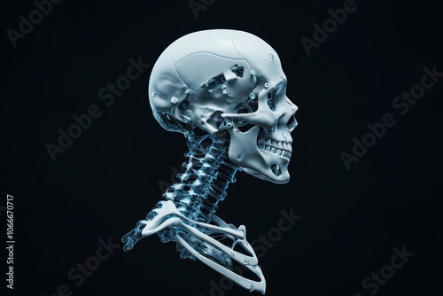 3D rendered anatomical skeleton profile on a dark background, showcasing intricate bone structure and design. photo