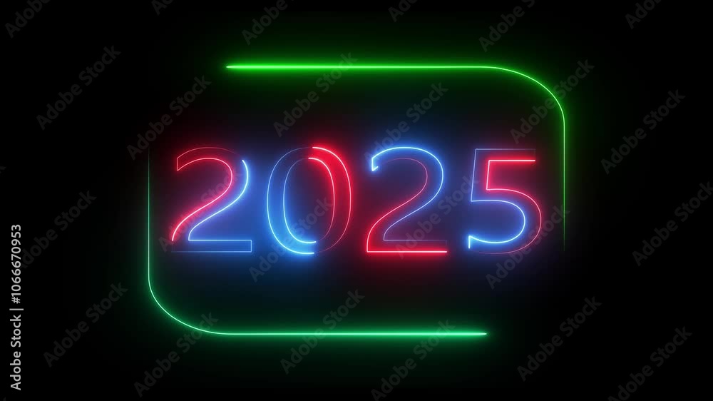 Neon glowing 2025 animation with black background. Neon glowing 2025 animation with black background.