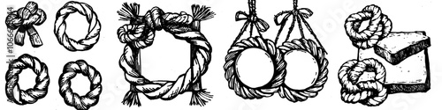Hand drawn sketches of nautical rope frames isolated on white background.