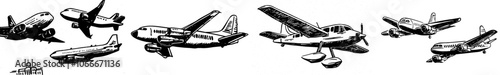 A plane soars above the clouds in a modern sketch illustration. Tourist flight, plane tickets booking hand drawn elements isolated in a white background.