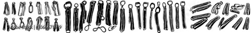 Metal zip isolated 3d modern set. A fastening device used in clothing, composed of interlocking metal teeth and a sliding mechanism for opening and closing garments.