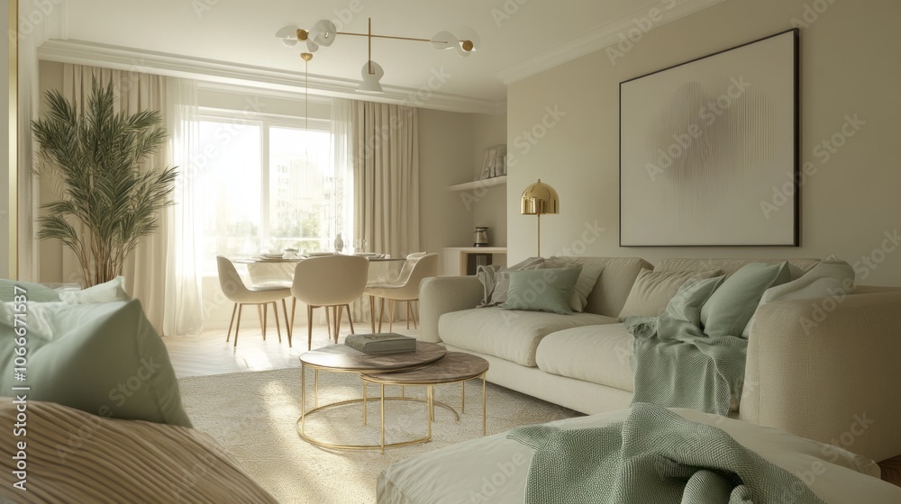 Fototapeta premium A Modern Living Room with Beige and Green Accents