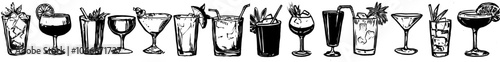 Modern illustration of alcoholic cocktails. Moscow Mule, bloody mary, pina colada, mojito, margarita, daiquiri, mimosa, long island iced tea, Bellini, margarita.